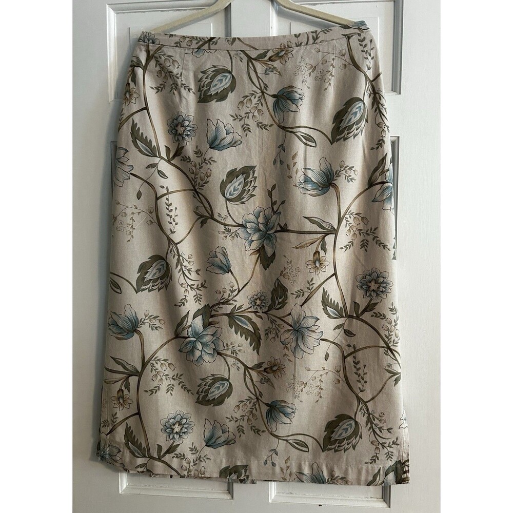Katherine Lee Collection Beige Floral A-Line Midi Skirt Linen Rayon Zip Size 16